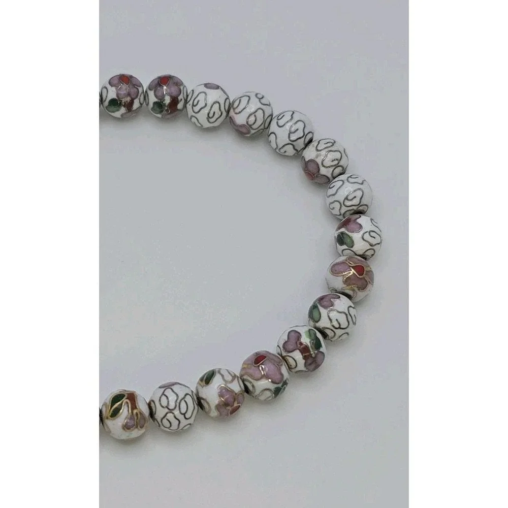 Vtg Authentic Chinese Cloisonné Bracelet Bead White Green‎ Enamel Floral 8